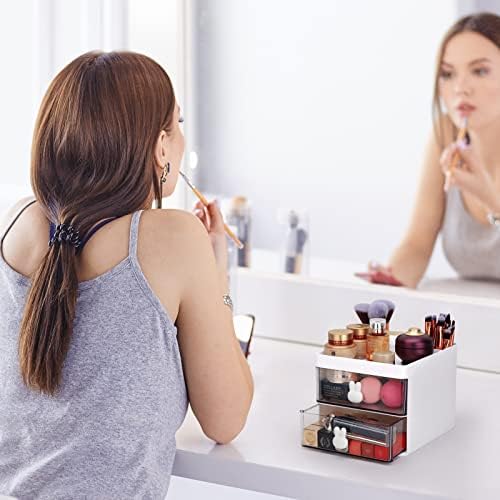 LETURE Small Desk Organizer With Drawer, Office Desktop Storage Box, Business Card/Pen/Pencil/Mobile Phone/Stationery Holder Storage Box, Makeup Organizer for Office School Home (White) - Image 5