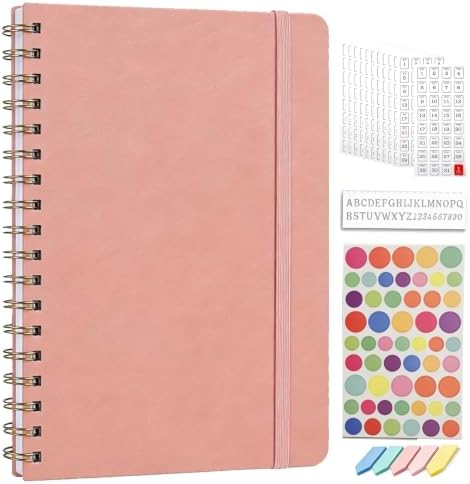 Dot Grid Journal Starter Kit, A5 Spiral Notebook with Stencil Ruler, Date & Color Stickers, Hardcover, 120gsm Thick Paper, Subtle Blue Dotted Pages for Planning, Study & Work - Pink by Unknown