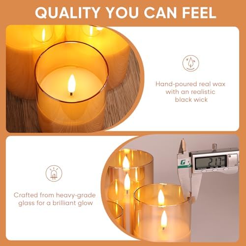 Eywamage Gold Glass Flameless Pillar Candles with Remote, Flickering Fall LED Candles Battery Operated Set of 3 - Image 5