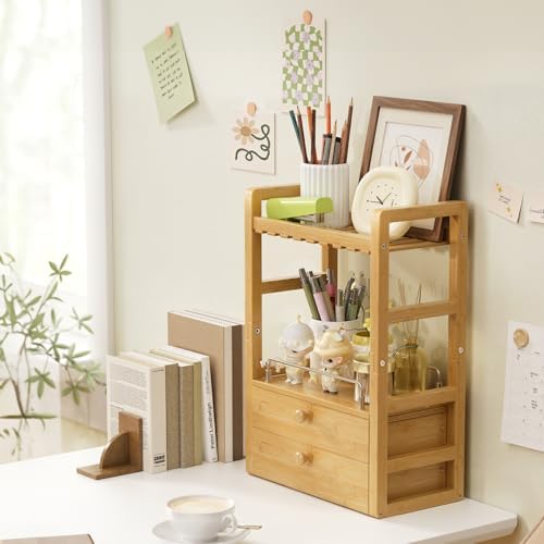 AmazerBath Bamboo Bathroom Counter Organizer, 2-Tier Makeup Organizer with 2 Drawers, Vanity Organizer Storage Coffee Matcha Station, Compact Shelf for Bathroom Kitchen Office Countertop - Image 2