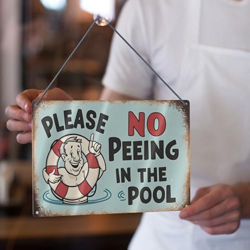 Vintage-Style "Please No Peeing In The Pool" Sign - Rustic Blue Background With Cheerful Cartoon 8x12 Inch - Image 5