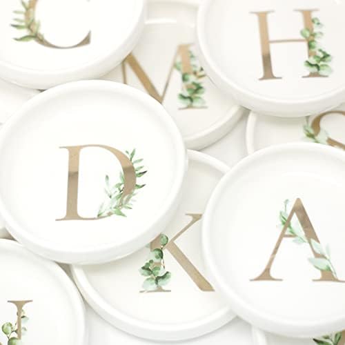 Cedar and Ink Ring Dish with Personalized W in Gold Foil & Greenery, Monogrammed Jewelry Dish, Accessories & Wedding Ring Holder, Dressing Table Tray (W) - Image 2