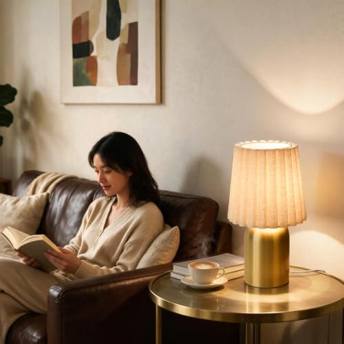 12.2 Inch Mini Table Lamp with Scalloped Wave Linen Shade, Modern Gold Metal Base Cute Nightstand Lamp, Decor Small Desk Light for Bedroom, Living Room, Bookshelf, Kitchen Counter, Kids Room, Office - Image 5