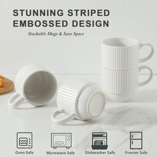 Hasense White Ceramic Coffee Mugs Set With Holder- 12 oz Stackable Coffee Cups Ceramic, Modern Ribbed Latte Cup Sets for Cappuccino, Tea, Espresso, Hot Cocoa, Drinks - Dishwasher & Microwave Safe - Image 4