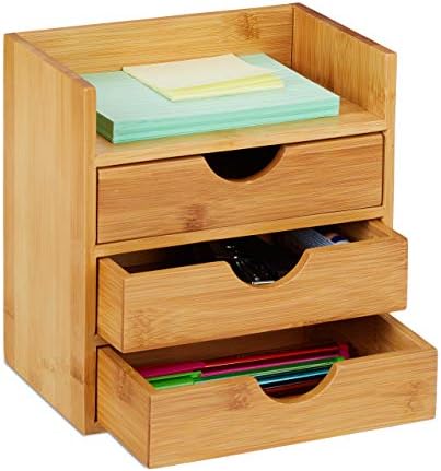 Relaxdays Bamboo Desktop Organizer, 3 Drawers, Desk Tidy, Office Storage Unit, Pen Holder, HxWxD: 21x20x13 cm, Natural, 1 Item by Relaxdays