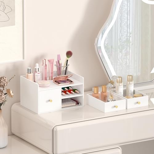 Bamboo Desk Organizer - Stackable, No Assembly Required, Ideal for Office/Home Use - Perfect for Toiletries, Stationery, Accessories. (White, Square drawer to the left of the fence) - Image 4