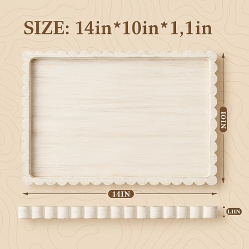 Lounsweer Wood Decorative Tray for Home Decor, 14'' x 10'' Wooden Serving Tray for Coffee Table Centerpiece Dining Kitchen Island Decoration Bathroom Counter Display (White Color,Pine) - Image 2