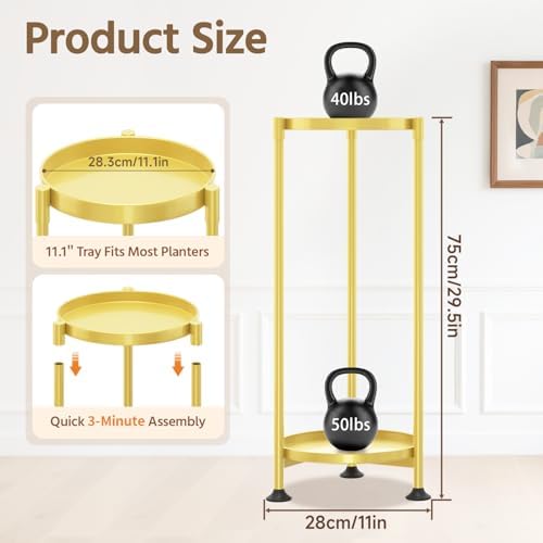 LASZOLA Metal Plant Stand Indoor Tall with 11 Inch Large Tray 2 Tier Gold - Image 3