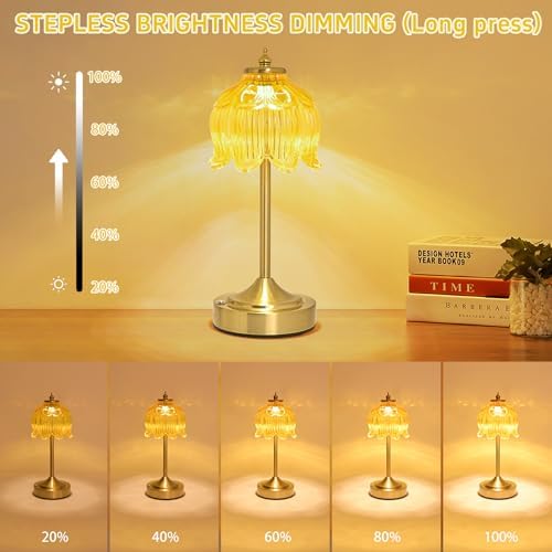 Cordless Table Lamp, Rechargeable Honey Gold Glass Lotus Flower Lamp - Image 5