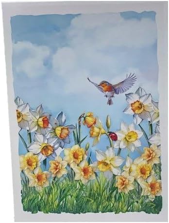 3D Pop-Up Daffodil Field Greeting Card – Handmade Spring Flower Card with Birds for Birthday, Mother’s Day, Easter & Special Occasions F56