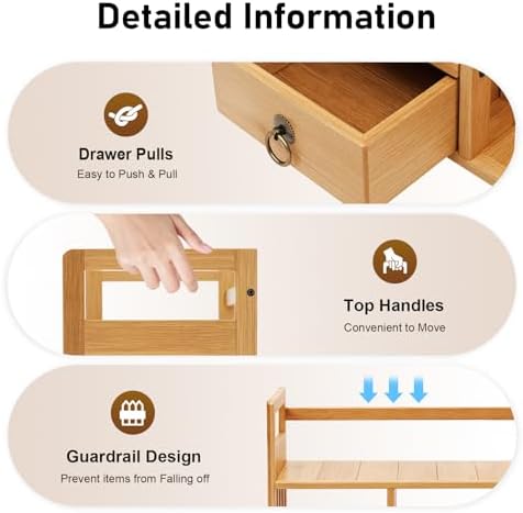 Bamboo Bookshelf Desktop Organizer,Large Capacity Wood Desk Rack,Book Storage Shelves w/3 Drawers for Office Supplies,Home Decor,Bedroom,Dormitories (Original Wooden Color) - Image 6