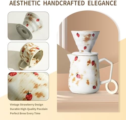 Handcrafted Pour Over Coffee Maker Set with Coffee Cup with Strawberry Pattern 20 Count Paper Filter V60 Drip Coffee Maker 20 oz Coffee Dripper (Strawberry) - Image 2