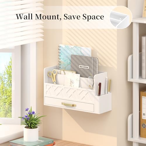 Wisuce Bamboo Mail Organizer Countertop with Drawer and Pen Holder, White - Image 3