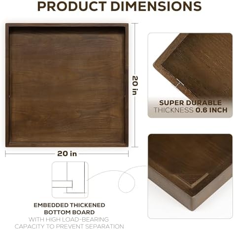 Axeman 20 Inch Large Square Wooden Ottoman Tray for Living Room|Extra Large Serving Tray with Handles for Coffee Table, Breakfast|Decorative Wood Tray for Ottoman Couch Sofa Kitchen|Walnut - Image 2