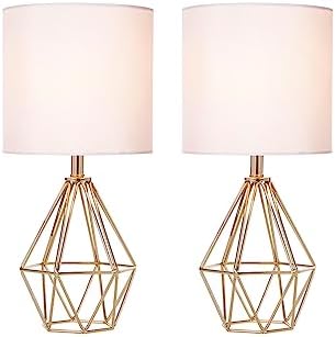 Gold Small Table Lamp Set of 2, Modern Bedside Nightstand Lamps with Geometric Metal Base White Fabric Shade, Cute Desk Lamp for Living Room Bedroom by COTULIN