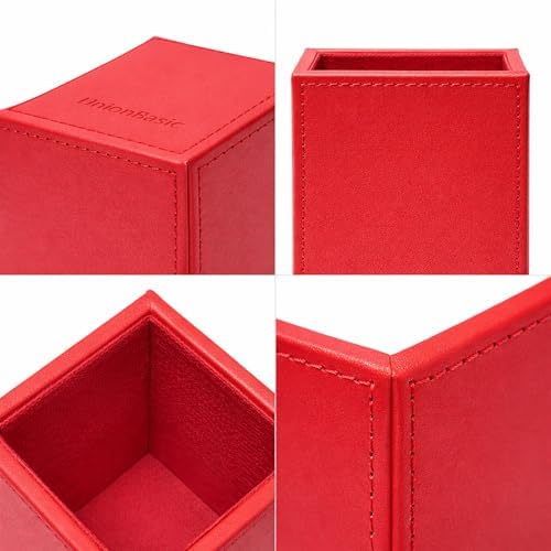 UnionBasic Square Pen Holder, Leather Pencil Cup, Desktop Caddy Stationery Organizer, Red - Image 3