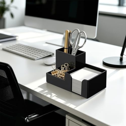 HBlife Acrylic Pen Holder for Desk, 3-Compartment Small Desk Organizer, Black Office Supplies Desk Accessories with Sticky Notes Holder Stores Post It Notes 3X3 for Office, Home and School - Image 2