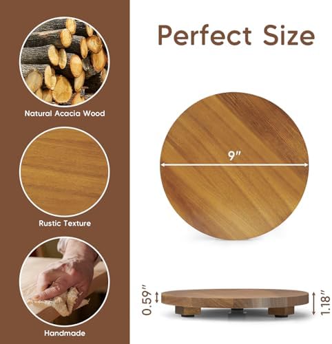Small Round Decorative Tray Acacia Wood Bathroom Counter Organizer Pedestal Stand Farmhouse Kitchen Decor Wooden Riser for Soap Dish, Perfume, Candle, Sponge, 9" - Image 2