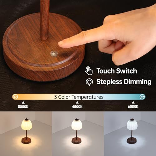Shenmoyl Tulip Table Lamp with 5200mAh Battery & Touch Control, Small Cordless Table Lamp with 3 Colors, Rechargeable Battery Operated Table Lamps for Bedroom, Desk, Bedside (White-Walnut Color) - Image 3