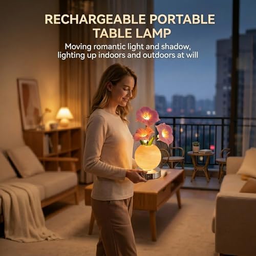 Flower Table Lamp, Rechargeable Cordless Touch Dimming Artificial Morning Glory Flower Desk Lamp, LED Flower Bedside Night Light Romantic Gifts for Girl Women Mom (Pink Morning Glory) - Image 5