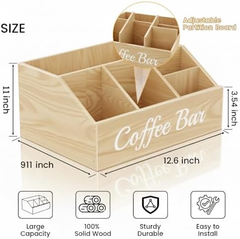 Coffee Station Organizer for Countertop – Wooden Coffee Bar Organizer with Adjustable Dividers,Holds K Cup Pod & syrup bottles, for Kitchen, Office, or Bar and Tea Station, Wood Color - Image 4