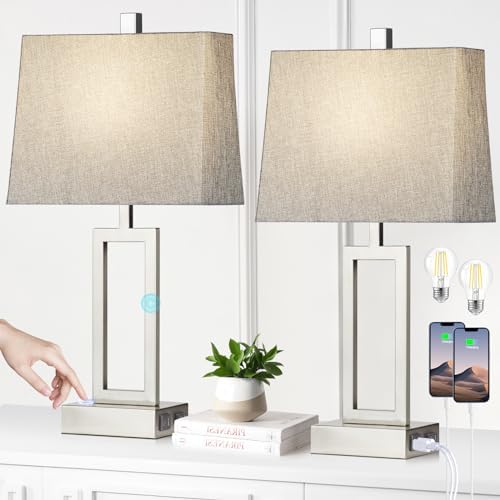 Lolikit 23.5" Touch Control Table Lamps, Metal Bedside Lamp for Bedroom Set of 2 with USB A+C Ports & AC Outlet, 3-Way Dimmable Nightstand Lamp for Living Room (LED Bulb Included) by Lolikit