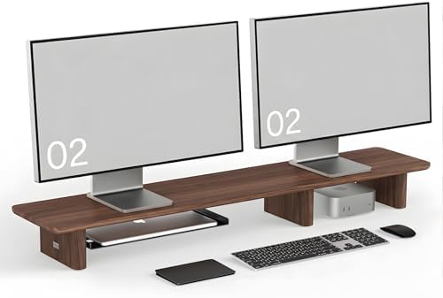 Walnut Dual Monitor Stand Riser - 43.3" Extra Long Wooden Monitor Stand for 2 Monitors, Desk Shelf Organizer for iMac, Laptop & Ultrawide Displays, Natural Wood Grain - Image 3