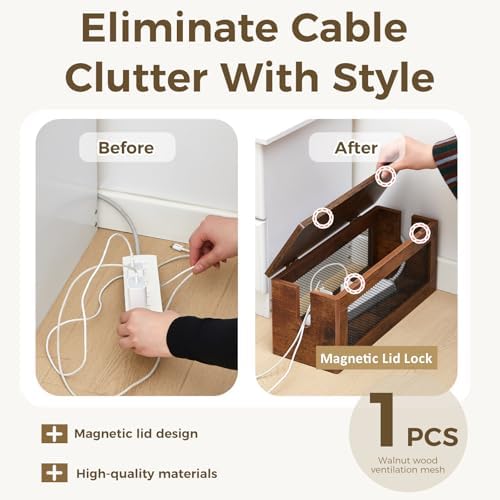 Chunful Extra Large Cable Management Box, 16'' Wood Cord Box Organizer with Ventilation Nets & Organizer for Power Strip, TV Wires & Desk Cable Storage, Magnetic Lid Hide Floor Cables - Image 3