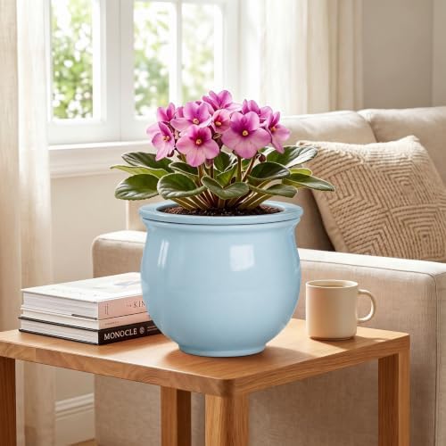 8 Inch African Violet Pots, Ceramic Self Watering Pots, Light Blue - Image 3