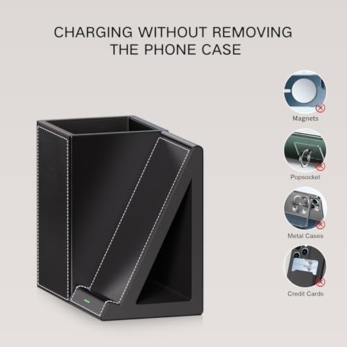 LADSTAG Pen Organizer with Phone Stand,Black Vegan Leather Desk Organizers with Remote Control Holder,Pencil Holder for Desk,Desk Organizer with Phone Charger for Office/Nightstand/Endtable - Image 5