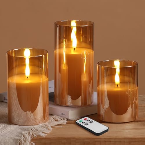 Eywamage Gold Glass Flameless Pillar Candles with Remote, Flickering Fall LED Candles Battery Operated Set of 3 by EywamageCandles