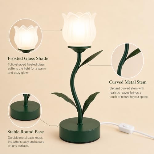Tulip Lamp for Bedroom, Cute Flower Table Lamp with G9 LED Bulb, 3 Color Temperature Bedside Lamp, Vintage Kawaii Desk Lamp for Nightstand Living Room, Green - Image 3