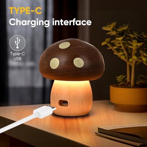 LONRISWAY Cordless Wood Mushroom Lamp, Small Battery Operated Wooden Table Lamp Portable Night Light, Stepless Dimmable Touch Control Warm LED Light for Bedroom, Nursery, Patio Decor - Image 4