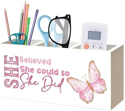 She Believed She Could So She Did Pen Pencil Holder Organizer for Desk, Inspirational Gifts for Women Friends, Graduation Gifts for Women Her, Pink Butterfly Wood Signs Desk Accessories by Unknown