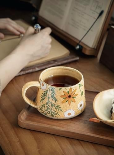 16OZ Ceramic Coffee Latte Mug, Cute Cup for Women, Ideal for Green Tea or Coffee,Hand Painted Floral Design Pottery Mug (sunflower) - Image 6