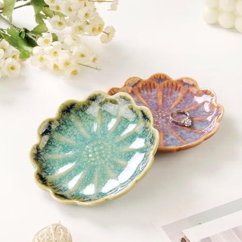 Lotus Ring Holder Dish Small Indoor Ash Tray, Ceramic Dessert Plate Trinket Jewelry Holder Organizing Necklace Earrings for Parents Friends Sister, Deep Green. All Jewelries Are NOT Included. - Image 3