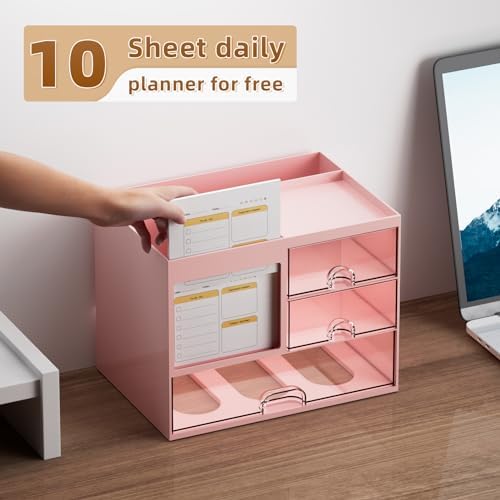 Marbrasse Desk Organizer with 3 Drawer, Multi-Functional Pencil Pen Holder for Desk, Desk Organizers and Accessories with 4 Compartments, Desktop Organizer Storage for Office Home Art Supplies (Pink) - Image 3