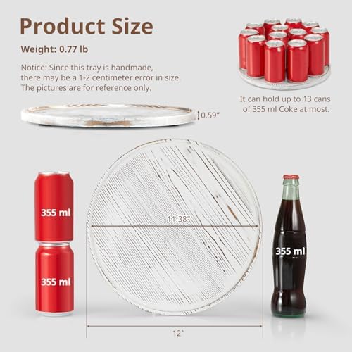 12 Inch Wood Round Tray, White Washed Wooden Decorative Bathroom Coffee Table Tray Centerpiece Candle Holder for Farmhouse Kitchen Dining Room Home Decor Coffee Table Decor and Accessories - Image 2