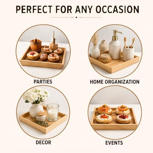 Hammont Wooden Serving Trays Set of 4, 12x12x1.25 Inches Natural Wood Serving Tray for Home Decor, Decorative Wooden Trays for Coffee Table, Ottoman, Kitchen Counter, Dining Table & Organization - Image 3