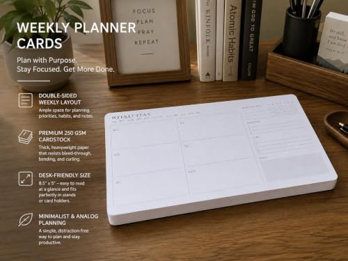 Minimalist Weekly Planner Desk Set – Solid Black Walnut Stand with Pen Tray, Double-Sided Planner & To-Do Cards (Weekly Planner Cards (50 Cards)) - Image 2