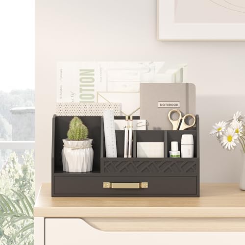 Bamboo Desk Organizer with Drawers, Mail Organizer Countertop Wood Desk Drawer Tabletop Storage Organization Pen Holder Letter Sorter Makeup Organizer for School Home Office (Black) - Image 2