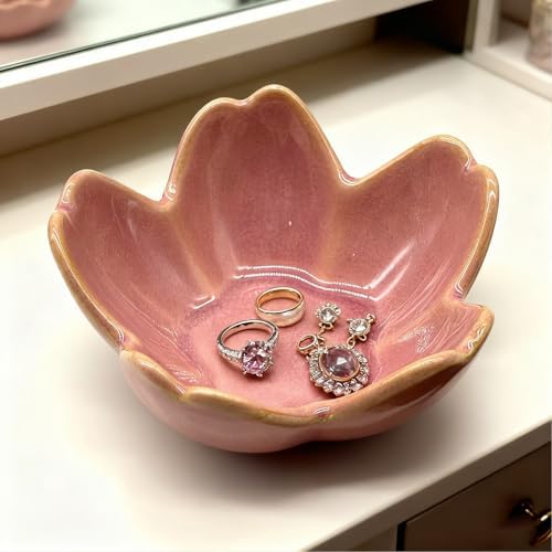 Pink Flower Ring Dish Jewlery Tray, Small Ceramic Jewelry Dish Tray Room Nightstand Decor Trinket Dish Bathroom Ring Holder Jewelry Plate Bowl Christmas Friendship Birthday Gifts for Women Mom - Image 7