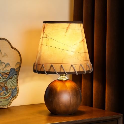 11.4" Boho Small Table Lamp with Brown Solid Wood Base by URLIGHTS