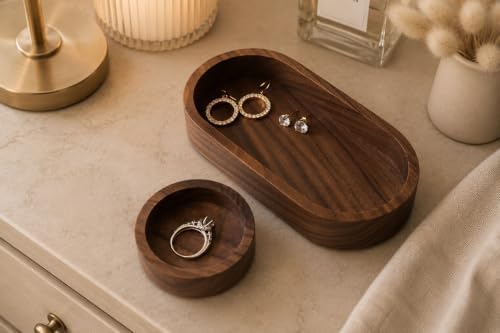 Black Walnut Oval Tray with Removable Round Dish – Solid Wood Jewelry Organizer, Ring Holder, Desk Valet, Minimalist Catchall Tray Set - Image 7