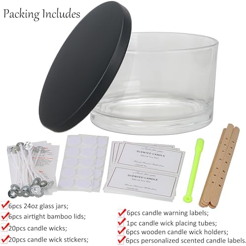 MILIVIXAY 6 Pack 24 oz Candle Jars with Metal Lids and Candle Making Kits - 3 Wick Candle Jar,Bulk Empty Clear Thick Glass Jars for Making Large Candles - Spice, Powder Containers. - Image 2