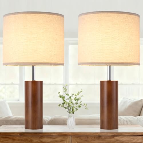 lapupu 23.5" Wood Table Lamps Set of 2 for Living Room, Vintage Farmhouse Bedside Lamps for Bedroom, Large Round Desk Lamps for End Table Nightstand, Walnut Wood by LAPUPU
