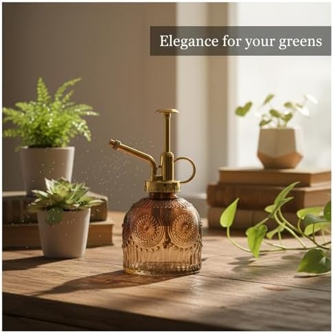 Vintage Embossed Glass Spray Bottle with Metal Pump, 10.6 oz Refillable Mister for Indoor Plants & Home Decor - Image 3