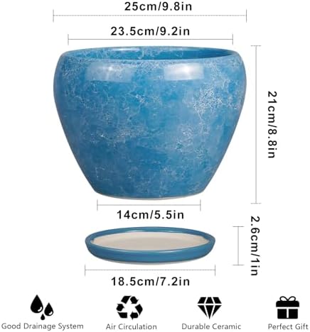 Ceramicfor 10 Inch Planter Pot, Ceramic Pots for Plants with Drainage, Blue - Image 3