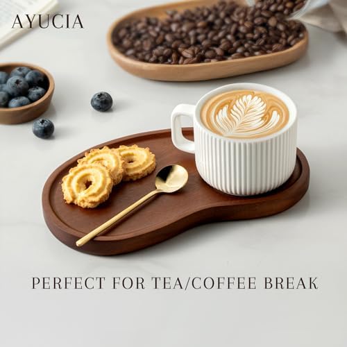 Pretty Ceramic Coffee Cups with Solid Wood Plates Set of 2 for Tea/Coffee Break, 8OZ White Cappuccino Cups with 9.4inch Acacia Serving Saucers and Spoons for Latte Dessert Breakfast - Image 5