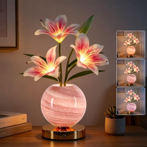 Pink Tiger Lily Flower Lamp, Rechargeable Cordless LED Floral Table Lamp by VEEKINavigation